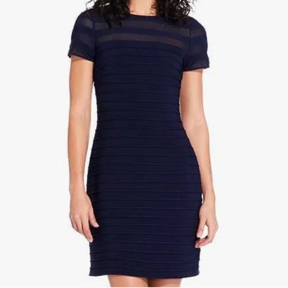 Adrianna Papell Bodycon Navy Blue SS Banded Sheath Dress Sz 10 MSRP $159
